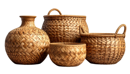 Four woven, brown, textured vessels of varying shapes and sizes, arranged on black