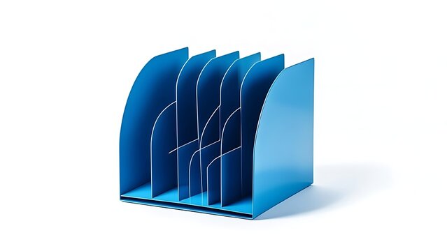 A blue, multi-compartment desktop organizer, angled slightly, isolated against a bright white background