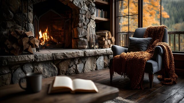 Cozy living room with a roaring stone fireplace and a grey armchair draped with a chunky orange knit blanket and an open book on the table.