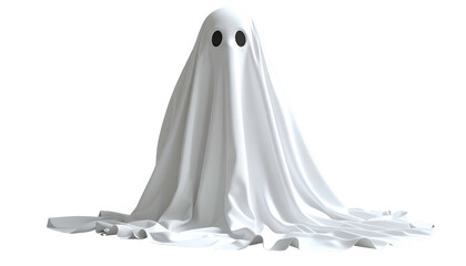 White cloth ghost with two black eye holes floating against a black background