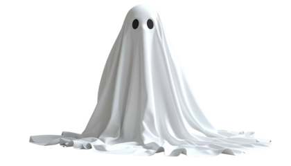 White cloth ghost with two black eye holes floating against a black background