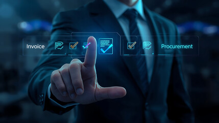 A businessman in a dark suit engages with a holographic interface showcasing an invoice document, along with several digital document icons and luminous checkmarks.