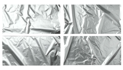 Four-paneled shot of wrinkled silver material, highly textured surface