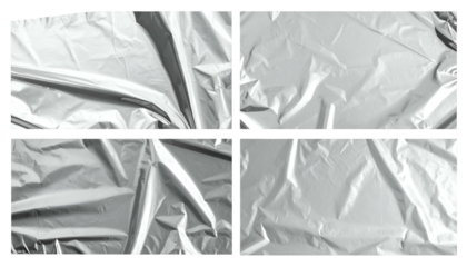 Four-paneled image of crinkled, shiny, metallic material in shades of grey