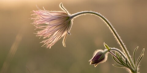 Delicate pasqueflowers bloom gently in soft morning light with beautiful hazy bokeh background outdoors