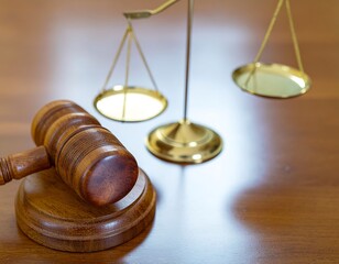 Justice gavel and scales on wooden desk in courtroom