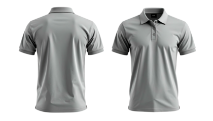Two perspectives of a gray collared short-sleeve shirt; front and back views