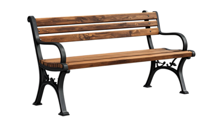 Outdoor park bench, wood slats, black metal frame, inviting design, against black backdrop