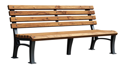 A wooden park bench with a black metal frame, isolated on a transparent background