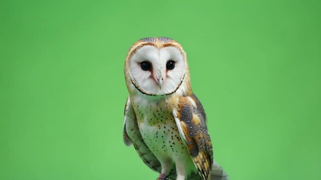 Barn owl perched on branch against green background looking directly at camera