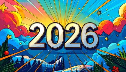 Vibrant 2026 New Year celebration with colorful landscape
