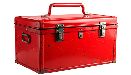 A weathered, red metal toolbox with a handle and clasps, ready for use