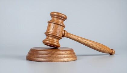Wooden gavel resting on sound block in courtroom setting