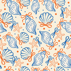 Shells, starfish and bows in orange and blue arranged in a seamless marine pattern on beige background. Cute summer design suitable for textile prints, packaging, wrapping, kids decor and stationery.