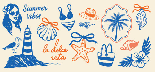 Hand-drawn summer doodle collection with marine and beach elements &mdash; shells with bows, palm tree, bikini, bag, lighthouse, sunglasses, and hibiscus. Ideal for travel prints and postcards.