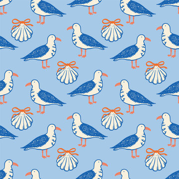 Seagulls and ribbon-tied seashells arranged in a repeating seamless pattern on a blue background. Great for summer textile design, packaging, and marine-themed projects.