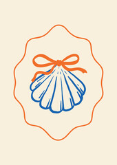 Vertical postcard featuring a blue seashell tied with a coral ribbon. The shell is centered inside an ornate wavy frame. Soft retro style. Great for summer gifts, beach cards, or invitations.