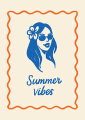 Stylized girl with sunglasses and flower in her hair, inside an orange wavy frame with &ldquo;Summer vibes&rdquo; text. Bold hand-drawn summer label for beach-themed journals, covers, cards, or planners.