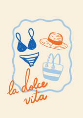Vertical postcard with bikini, sunhat, and beach bag inside a wavy blue frame. &ldquo;La dolce vita&rdquo; handwritten in orange. Perfect for summer vibes, vacation stationery or travel-themed gifts.