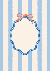 Vertical postcard with soft blue and beige wavy stripes. Centered wavy frame with stitched effect and coral bow on top. Perfect for summer greeting cards, invitations or label design.