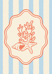 Vertical postcard with coral, seashell and starfish in hand-drawn style. Coral outline on striped beige and blue background. Summer invitation, wedding menu, beach party or travel design.