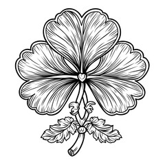 St. Patrick&rsquo;s Day Shamrock Line Art. This black-and-white line illustration features a delicate shamrock, perfect for St. Patrick&rsquo;s Day coloring pages. With intricate patterns and a clean white 