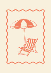 Vertical postcard with hand-drawn beach umbrella and striped deck chair. Coral outline on beige background. Summer tourism, travel promo, or restaurant menu template in seaside style.