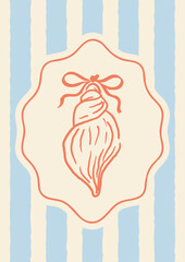 Vertical postcard with hand-drawn sea shell and ribbon bow. Coral and beige frame on a soft striped background. Cute nautical-style card or summer template for invitations and decor.
