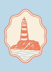 Hand-drawn lighthouse on a rocky island with wavy sea at the bottom. Coral and beige color scheme. Framed vintage postcard or summer template in nautical style on blue background.