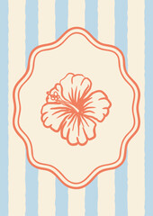 Vertical postcard with hand-drawn hibiscus flower framed in wavy border. Coral outline on striped beige and blue background. Summer invitation, tropical menu or tourism template.