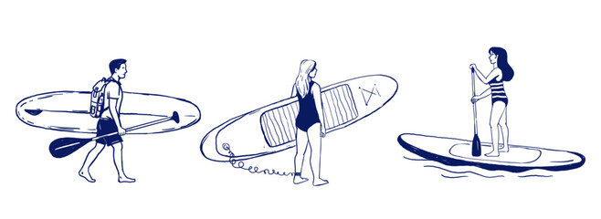 Three minimalist line art illustrations of people with SUP boards in various poses: walking with a board, standing on a paddleboard, and carrying it. Summer outdoor activity theme, white background.