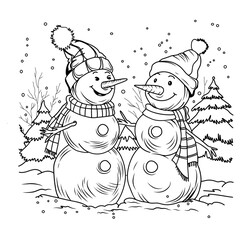 black and white line art illustration features three cheerful snowmen standing together in a winter forest scene. The snowmen are drawn with friendly smiles, round bodies, carrot noses, and simple dot