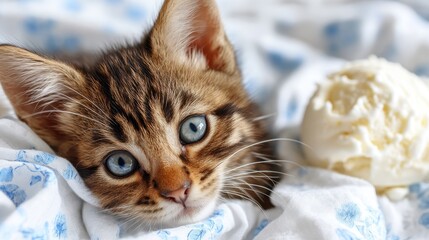 Playful kitten with beautiful blue eyes relaxing on blanket beside delicious scoop of ice cream in soft lighting