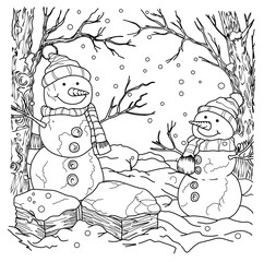 black and white line art illustration features three cheerful snowmen standing together in a winter forest scene. The snowmen are drawn with friendly smiles, round bodies, carrot noses, and simple dot