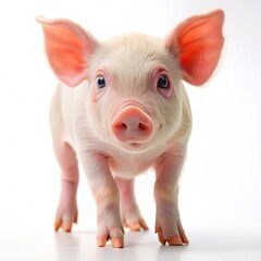 Cute pink piglet standing and looking at camera isolated on white background