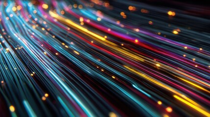Dynamic Colorful Light Trails with Glowing Particles in Motion Capturing Energy and Vibrancy in a Fluid Abstract Background