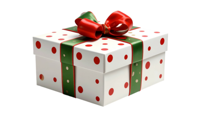 A square, white gift box with red polka dots, green ribbon, and a red bow on top