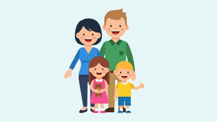 Happy Cartoon Family of Four Posing Together Smiling.