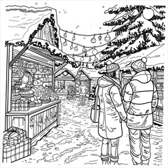 Black and white line art illustration of a cozy winter village house surrounded by snowy pine trees, a small bridge, and a winding path. This detailed hand-drawn illustration is created specifically f