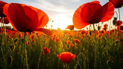 Low-Angle Poppy Field Desktop Wallpaper, Ultra-Realistic Cinematic Floral Perspective