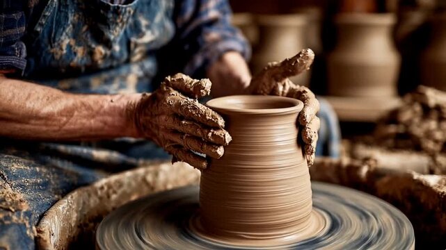 hands of a potter working in the pottery workshop 