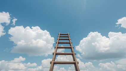 an image of a wooden ladder ascending towards a bright blue sky with fluffy clouds. It evokes feelings of aspiration, opportunity, and reaching for the future