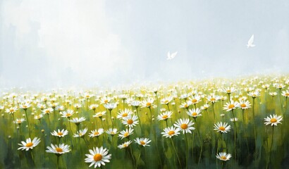 A vast field of white daisies under a bright, expansive sky, with delicate birds soaring peacefully above.