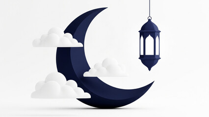 dark blue crescent moon with ornate lantern and white clouds in minimalist Islamic background