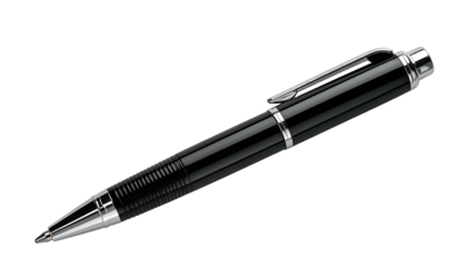 Sleek, glossy black ballpoint pen with silver accents on a transparent background