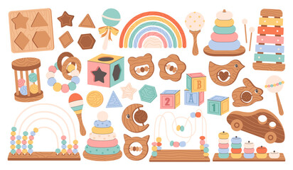 Fototapeta premium Educational children games, preschool activities concept. Wooden blocks, xylophone, pyramid, montessori games. Flat vector illustration