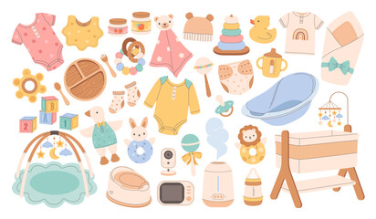Baby care items. Newborn accessories set. Supplies for feeding and caring for newborns and infants. Flat vector illustration