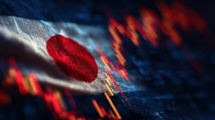 Abstract Composition of Japanese Flag Overlaid with Financial Charts and Data Representations in Dark Tone