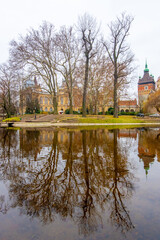 Fototapeta premium Vajdahunyad Castle with waterfront in Budapest at christmas time. Amazing Reflection.