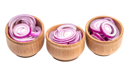 Three wooden bowls, each filled with vibrant red onion slices against a dark backdrop